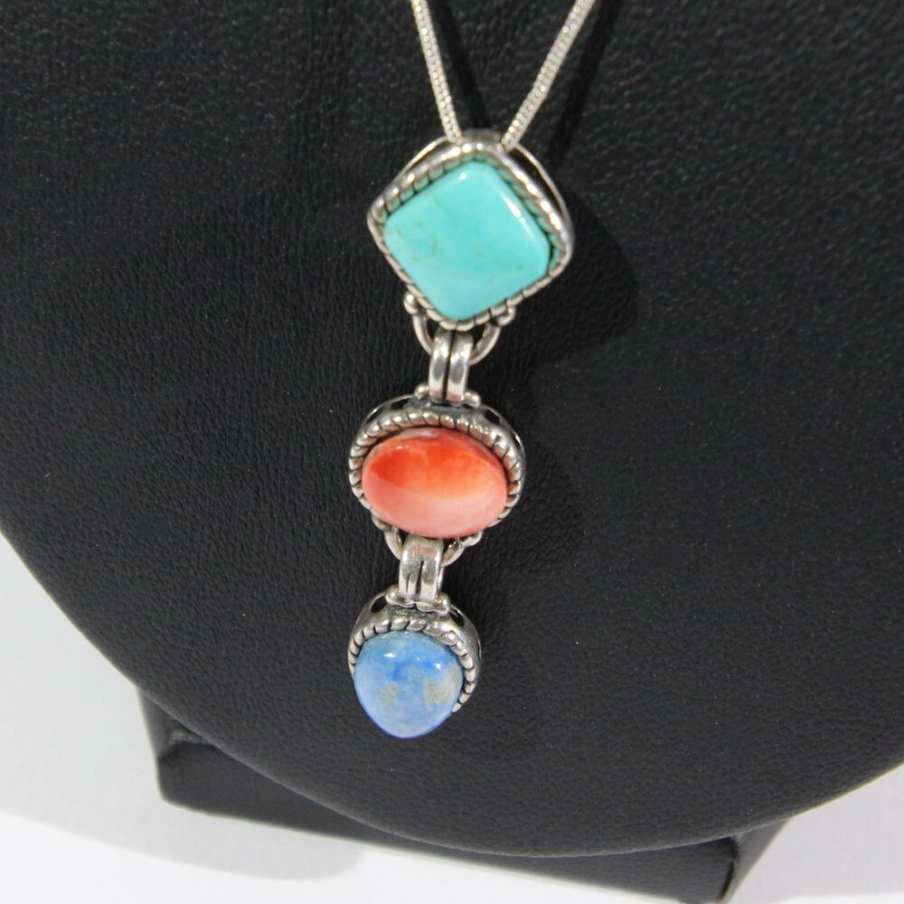 VTG Sterling Silver Turquoise, Lapis & Coral Pendant & Sterling Silver Necklace - Picture 2 of 9